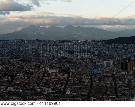 Aerial Cityscape Panorama Of Quito Skyline Old Historic Town Centre Modern Architecture Buildings Fr