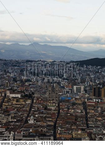 Aerial Cityscape Panorama Of Quito Skyline Old Historic Town Centre Modern Architecture Buildings Fr