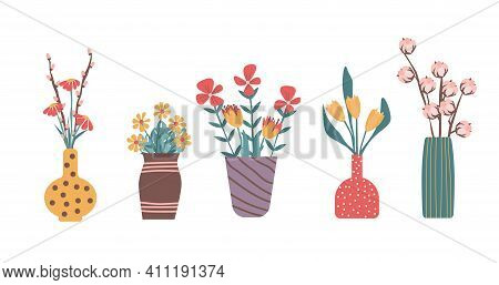 Vase Of Flowers Set On White Background Vector Illustration