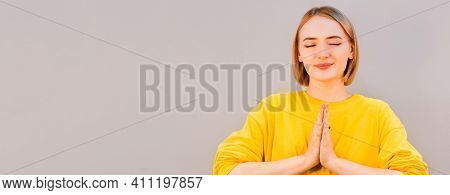 Namaste Peace Your House. Relaxed Peaceful Charming Friendly European Girl Press Palms Together Budd