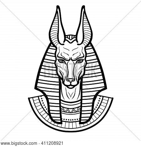 Animation Portrait Ancient Egyptian God Anubis. Deity With Canine Head. God Of Death. Vector Illustr
