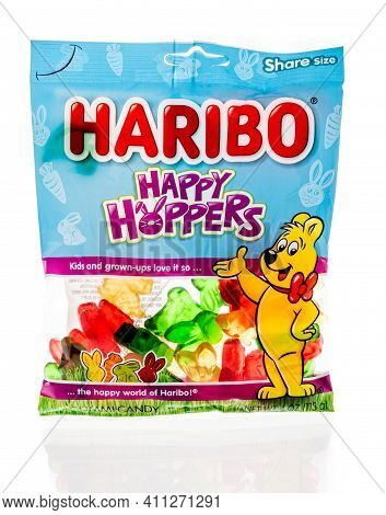 Winneconne, Wi - 5 March 2021: A Package Of Haribo Happy Hoppers Candy On An Isolated Background