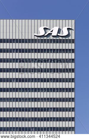 Copenhagen, Denmark - April 2, 2019: Sas Building In Copenhagen. Scandinavian Airlines, Usually Know