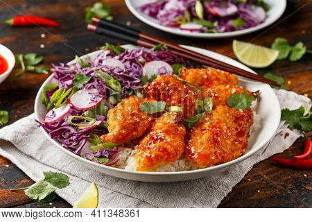Korean Fried Chicken With Red Cabbage Salad And White Rice. Asian Food