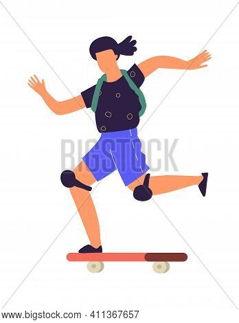 Man On Skateboard. Cartoon Teenager Riding Board. Isolated Boy Speeding On Longboard. Extreme Urban 