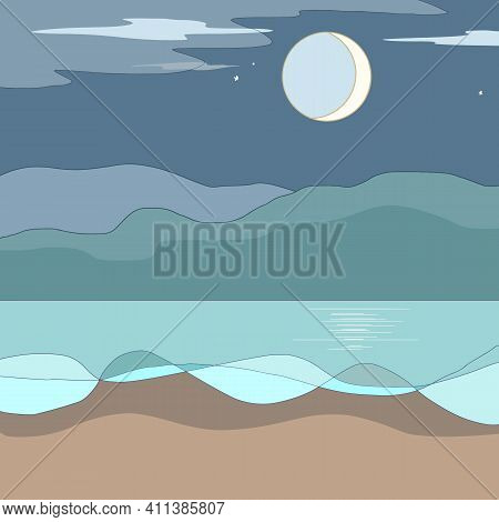 Night Landscape. Beach By The Sea With Mountains And Full Moon. Stock Vector Illustration.