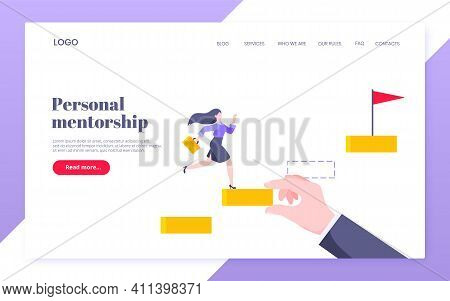 Business Mentor Helps To Improve Career And Holding Stairs Steps Vector Illustration. Mentorship, Up
