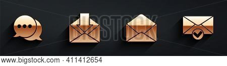 Set Speech Bubble Chat, Envelope, Envelope And Envelope And Check Mark Icon With Long Shadow. Vector