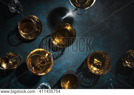 Hard Strong Alcoholic Drinks, Spirits And Distillates In Glasses: Vodka, Cognac, Tequila, Scotch, Br