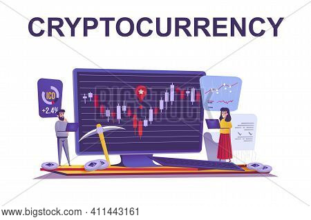 Cryptocurrency And Finance Web Concept In Flat Style. People Analyze Candlestick Chart, Digital Stoc