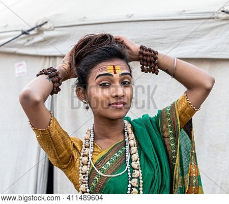 Feburary 2021 Haridawar,india 
Portrait Of Transgender At Kumbh Mela.kumbh Is The Largest Congregati