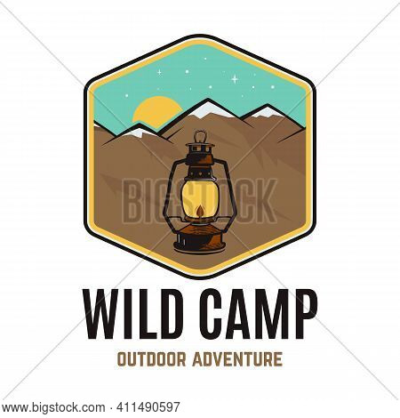 Wild Camp Logo, Outdoor Adventure Retro Camping Adventure Emblem Design With Mountains And Camp Lant