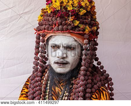 Feburary 2021 Haridawar,india
Portrait Of Naga Sadhu At Kumbh Mela.kumbh Is The Largest Congregation