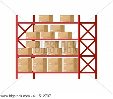 Warehouse Inventory With Rack And Boxes. Shelf For Storage Of Cargo. Stock Of Wholesale Goods In War