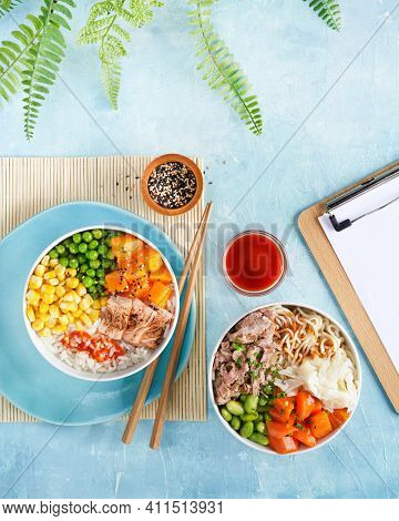 Fast Healthy Lunch, Poke Bowls Flamed Salmon, Pulled Pork, Rice, Noodles, Baek Kimchi, Pumkin Green 