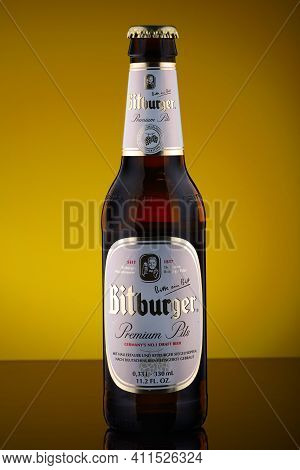 Lviv, Ukraine - May 08, 2020: Bitburger German Beer In A Glass Bottle