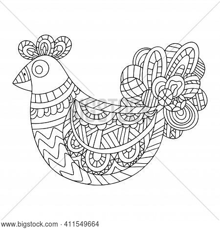 Happy Easter Chicken Zen Art Stock Vector Illustration. Funny Farm Bird Ornamental Coloring Page For