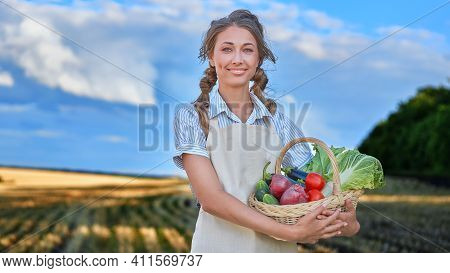 Woman Farmer Holding Basket Vegetable Onion Tomato Salad Cucumber Standing Farmland Smiling Female A