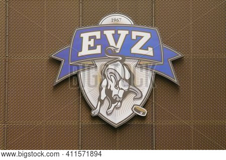 Zug, Switzerland - 6th February 2021 : Logo Of Evz Zug Hockey Club Team Hanging On The Outside Of Th
