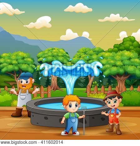 Illustration Of The Farmers Standing Near The Fountain