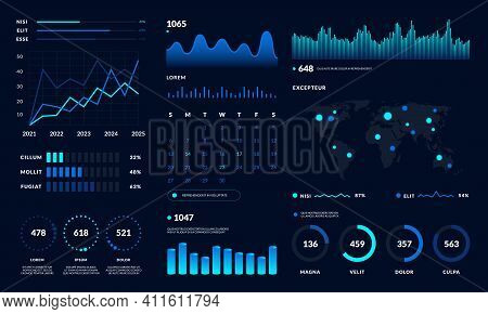 Dashboard Ui. Data Hud Diagram Design, Graph And Chart Modern Graphic Interface. Vector Futuristic D