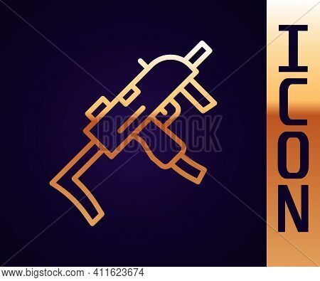 Gold Line Mp9 Submachine Gun Icon Isolated On Black Background. Automatic Weapon. Vector