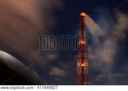 Signaled With Red Lights Selective Focus Smoke Pipe And Spherical Gasholder Of Petrochemical Plant A