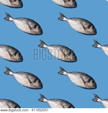 Seamless Pattern With Dorado Fish On A Bright Blue Background With Hard Shadows