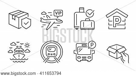 Bus Parking, Ship Travel And Baggage Reclaim Line Icons Set. Vip Flight, Hold Box And Parcel Insuran