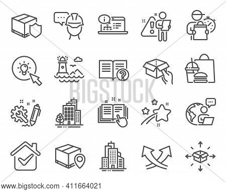 Industrial Icons Set. Included Icon As Intersection Arrows, Parcel Delivery, Help Signs. Online Docu