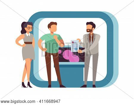 Seller And Buyer. Man Advertises Products, Certificate For Goods. High Quality, Trade Expo Stand And