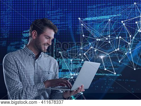 Caucasian man using laptop against network of connections and data processing on blue background. global networking and business concept