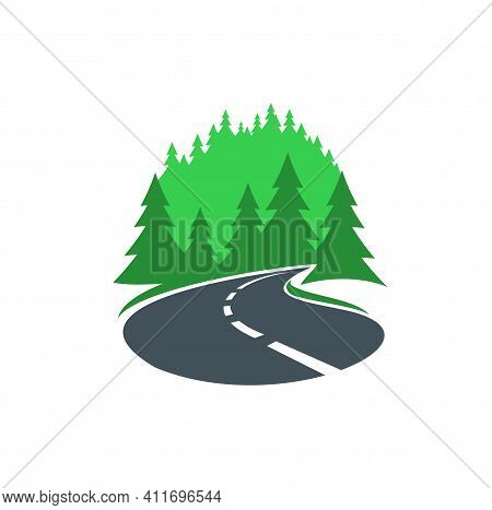 Road In Forest Icon, Highway Or Path Way Asphalt, Vector Sign. Road And Forest Street Symbol Or Path