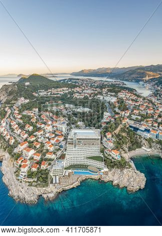 Dubrovnik, Croatia - Aug 22, 2020: Aerial Drone Shot Of Rixos Premium Resort Hotel Empty In Summer B