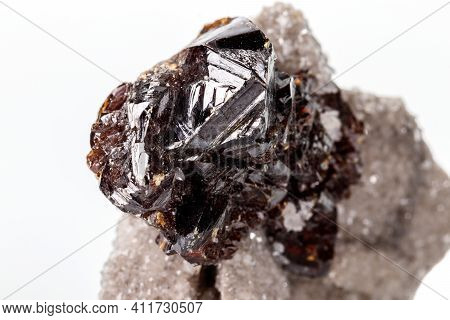Macro Of Mineral Sphalerite Stone On Microcline On White Background