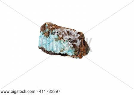 Macro Mineral Aurichalcite Stone On Microcline On White Background