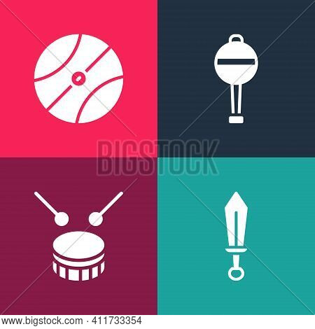 Set Pop Art Sword Toy, Drum With Drum Sticks, Rattle Baby And Basketball Ball Icon. Vector