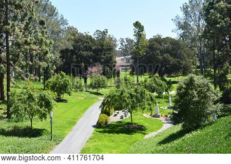 IRVINE, CALIFORNIA - 16 APRIL 2020: Sculpture Garden on the Campus of the Univeristy of California Irvine, UCI, seen from Ring Road.