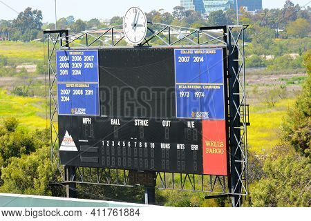 IRVINE, CALIFORNIA - 16 APRIL 2020: Scoreboard at Cicerone Field Baseball Stadium Home of the University of California Irvine, UCI Anteaters. 