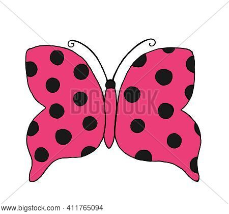 Pink Romantic Butterfly With Black Polka Dots-an Insect Isolated On A White Background. Hand-drawn D