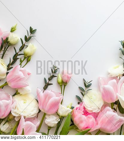 Pink And White Flowers Border Design Over The White