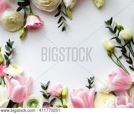 Pink And White Flowers Border Design Over The White