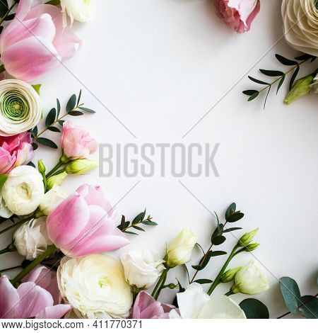 Pink And White Flowers Border Design Over The White