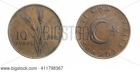 Turkey Ten Kurus On A White Isolated Background