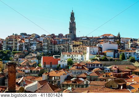 Porto City Cityscape, Typical Blue Tiled Houses, Building Facades, Red Roofs And Blue Sky. Portugal.