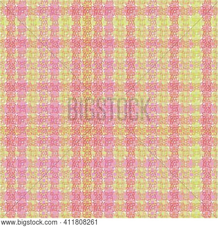 Cottagecore Floral Plaid Seamless Vector Pattern In Pink And Yellow. Girly Surface Print Design For 