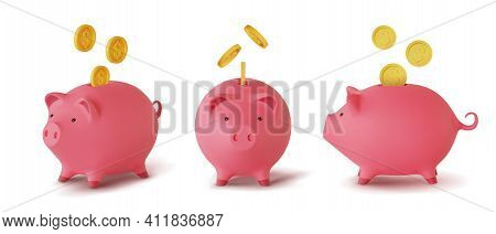 Set 3d Realistic Moneybox In The Form Of A Pig And Coins Falling, Isolated On White Background, Vect