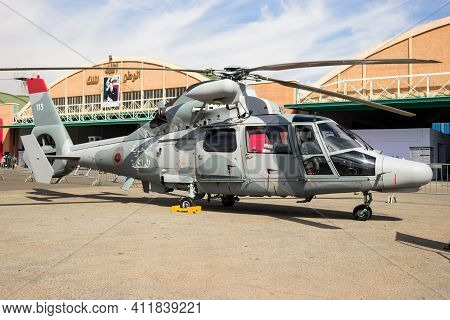 Marrakech, Morocco - Apr 28, 2016: Royal Moroccan Navy Eurocopter As565 Panther Helicopter On Displa