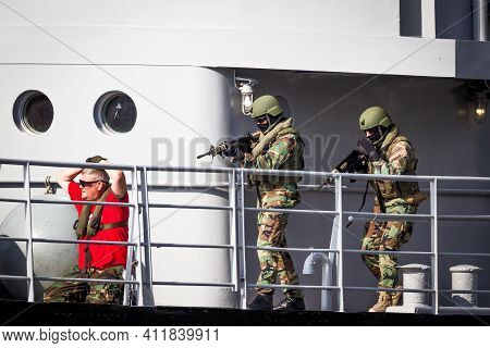 Dutch Special Forces Entering A Ship During An Anti Piracy Demonstration. Rotterdam, September 3, 20