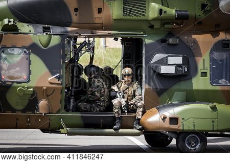 French Army Nh90 Transport Helicopter Taxiing With Soldiers In The Cabin At The Paris Air Show. Fran